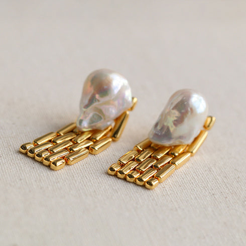 Bold Baroque Pearls Gold Chain Earrings